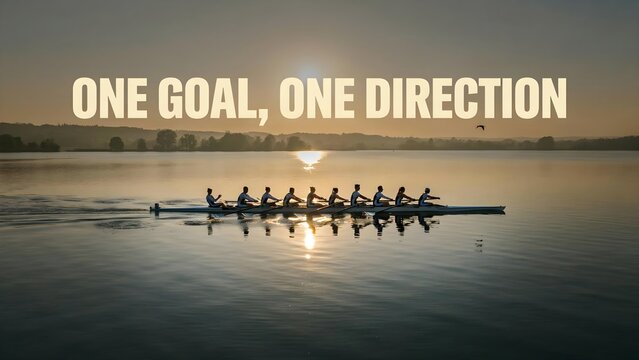 A rowing team of eight athletes in a long boat on a calm lake at sunrise, working together in perfect synchronization with the text overlay one goal, one direction