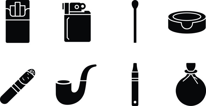 Smoking and Tobacco Accessories Vector Icon Set Featuring Cigarette Pack Lighter Cigar Pipe and Vape