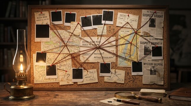 Detective investigation cork board with maps, suspect photos, red string, and clues in a dimly lit office with an oil lamp