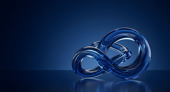 Abstract 3d blue glass infinity loop sculpture on a dark reflective background
