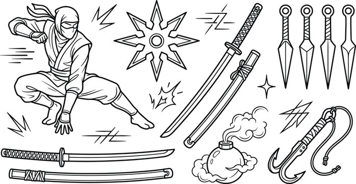 Ninja Warrior Vector Icon Set with Shuriken Katana Sword Kunai Daggers Smoke Bomb and Grappling Hook for Gaming and Graphic Designs