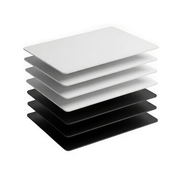 Stack of overlapping paper sheets transitioning from light white to dark black colors in a simple design isolated on transparent background , PNG