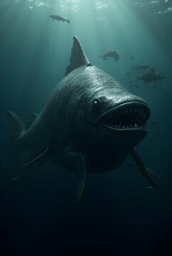 Ancient giant fish predator Dunkleosteus swimming in deep dark water abyss