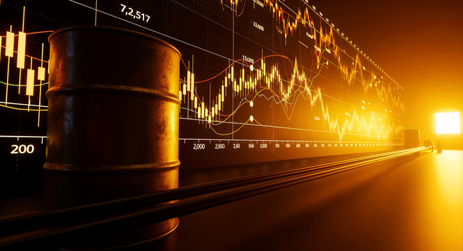 Oil barrel in front of glowing financial stock market chart. Candlestick graphs reflect energy price fluctuations. Global energy trade concept, ideal for financial analysis.