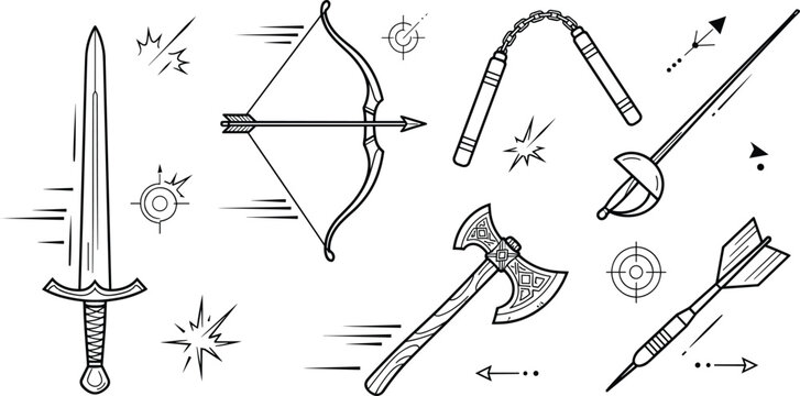 Medieval and Modern Weapon Vector Icon Set with Sword Bow Arrow Nunchaku Battleaxe Rapier and Dart Symbols for Gaming Web and Graphic Designs