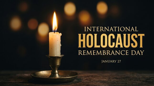 A single burning candle on a dark background for international holocaust remembrance day with bokeh lights