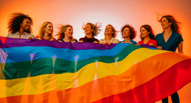 Diverse women holding a rainbow pride flag. Group celebrating community and equality against a warm background. LGBTQ inclusion concept for marketing campaigns.