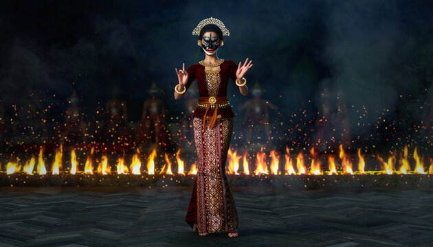 Person in traditional attire performing a dance with fire effects in the background.