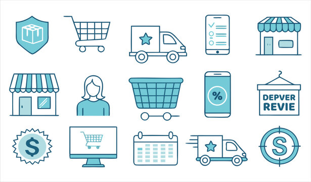 Ecommerce Shopping and Online Store Outline Icon Set