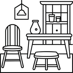 Fototapeta premium Modern Dining Room Furniture Outline Clipart Home Interior Table Chair Line Art Vector Illustration 