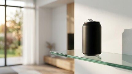 Obraz premium Black Can Resting on Glass Table in Modern Room with Window View
