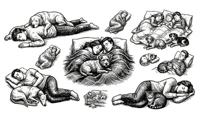 Naklejka na ściany i meble Vintage woodcut style people sleeping with pets collection, hand drawn ink illustrations of owners and dogs in bed, black and white vector set
