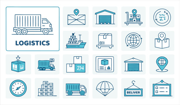 Logistics Shipping and Supply Chain Outline Icon Set