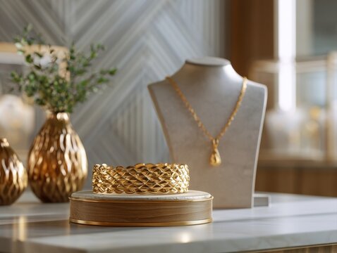 Gold jewelry showcase with elegant woven golden bracelet on wooden display stand gemstone necklace on mannequin bust in luxury jewelry store background premium product display photography mock up