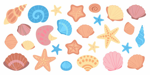 Colorful Seashells And Starfish Flat Vector Illustration On White Background © Ratan