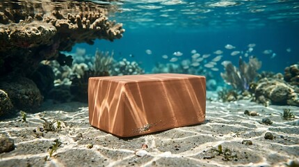 Naklejka premium Wooden Block Underwater in Coral Reef Environment