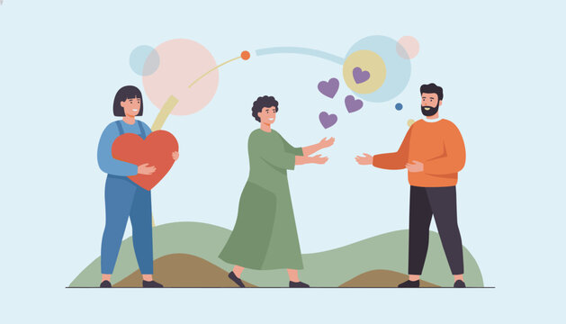Heartwarming flat vector illustration of a group of diverse friends sharing love and support by exchanging hearts.