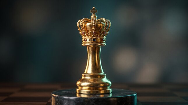Golden King Chess Piece: A gleaming gold king chess piece, symbolizing power, strategy, and victory, stands majestically on a marble pedestal.