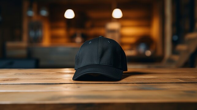 A photo of a black cap on a wooden table.