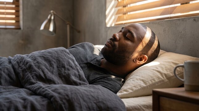 Serene young Black man rests beneath charcoal linen while narrow window-blind rays cross his forehead and cheek, creating a quiet dawn mood inside a concrete bedroom with an industrial bedside lamp