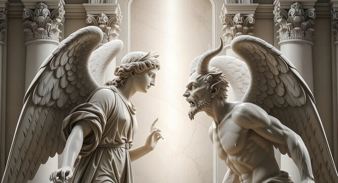 Angel and demon statues facing each other in a classical setting. White marble sculptures of a winged divine being and a horned devil. Good vs evil concept for religious or philosophical projects.