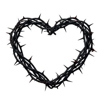 Heart shape made of dark thorny branches isolated on transparent background for gothic romantic design concepts