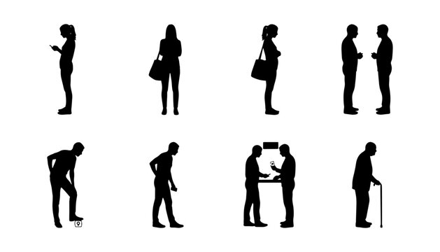 Collection of black silhouettes featuring people standing, talking, using smartphones, interacting, and senior walking poses. Perfect for architecture, floor plans, presentations, urban planning