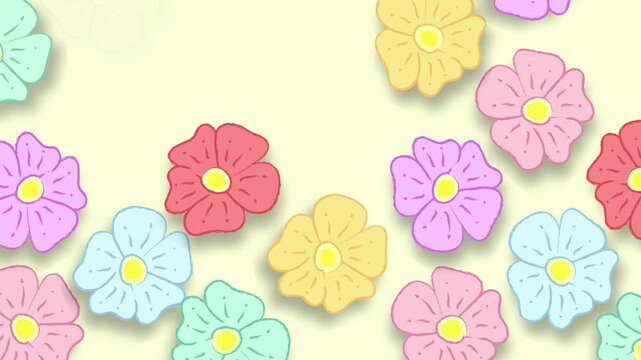 Whimsical Cute pastel blossom pattern motion graphic with dynamic appearance and disappearance loop. Hand drawn colorful flower pattern animation featuring pop up floral transition background