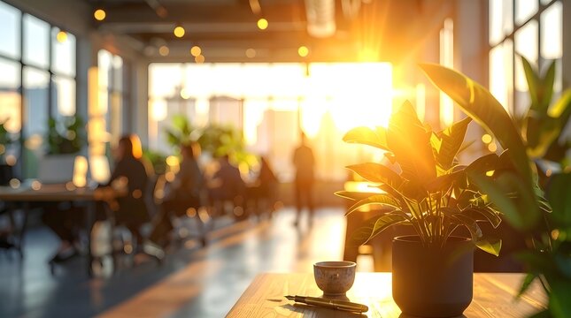 Modern Open Plan Office Interior with Warm Sunset Sunlight and Green Indoor Plants