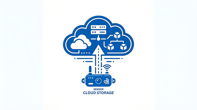 Blue vector illustration representing sensor device data synchronization to secure remote cloud