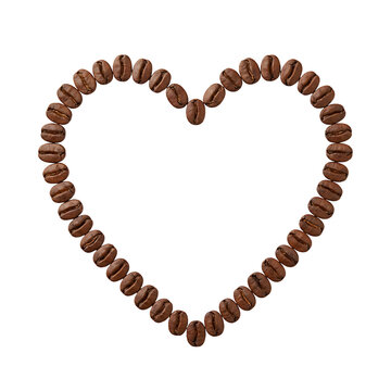Heart shape made of roasted coffee beans isolated on transparent background for romantic cafe menu design
