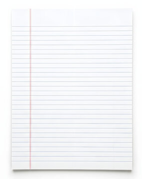 White lined notebook paper sheet with clean ruled lines, a red margin line, and subtle shadow isolated on a white background.