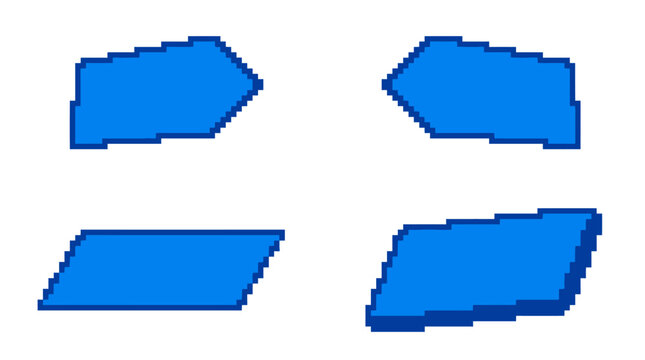 Geometric parallelograms in vibrant blue feature a pixel art aesthetic and sharp contrasting outlines.