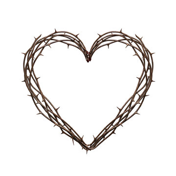 Heart shape made of sharp thorny branches isolated on transparent background for romantic or dark concept design