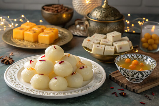 Traditional Bengali rasgulla and sandesh sweets during Durga Puja celebration, authentic Indian dessert scene