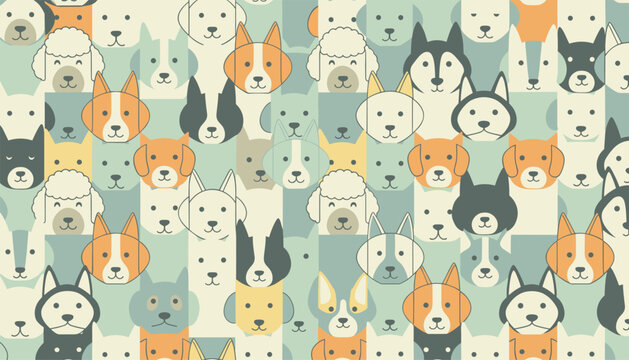 Cute seamless pattern features a grid of colorful, minimalist cartoon dog faces representing different breeds.