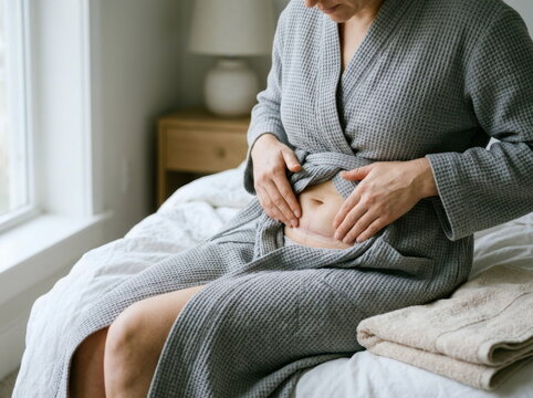 Adult gently mobilizing a healing abdominal scar with soft circular massage, using a silicone gel strip, cotton robe, and a folded towel on the bed. Quiet morning light, minimal bedroom setting