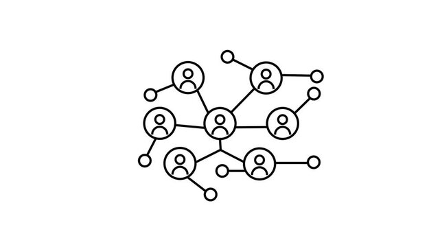 black animated social network icon. Network of connected people with peripheral circle nodes, ideal for illustrating social networks, teamwork, connectivity, relationships, communication, technology.