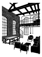 Industrial loft interior silhouette with spiral staircase illustration © Bakol