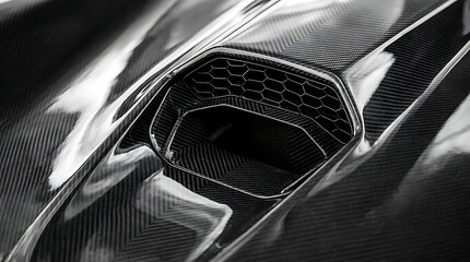 Naklejka premium Black carbon fiber vehicle panel detail with aerodynamic air intake hood design