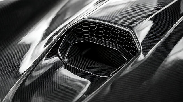 Black carbon fiber vehicle panel detail with aerodynamic air intake hood design