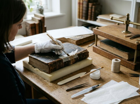 Book conservator restoring a damaged spine, with Japanese tissue, a bone folder, a book press, and cotton gloves on a quiet studio desk. Gentle window light, archival mood, neutral tones, and room