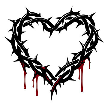 Heart shaped crown of thorns with dripping red blood isolated on transparent background for gothic design projects