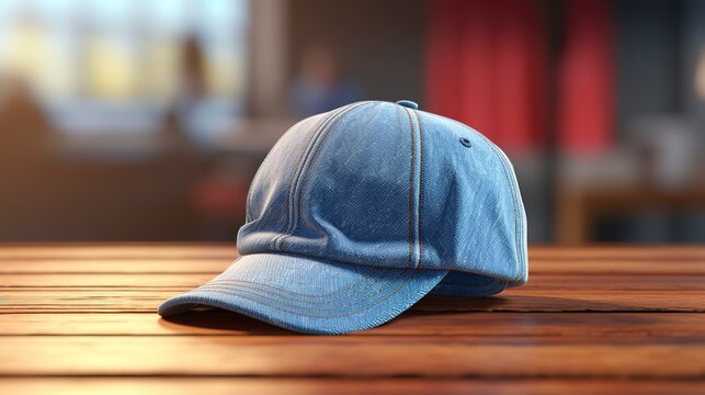 A photo of a blue denim cap on a soft background.