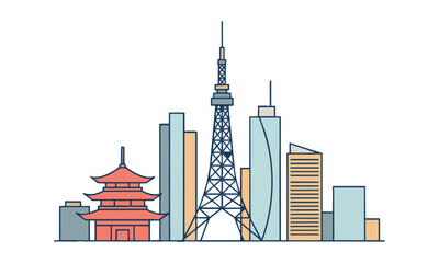 Obraz premium Minimalist outline of Asian city skyline featuring a lattice communications tower and traditional pagoda architecture on a white background modern urban design concept