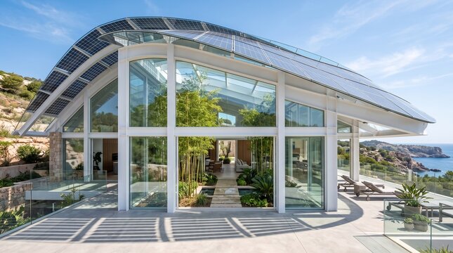 A modern eco-friendly house with solar panels and large windows overlooking the ocean