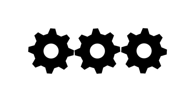Three Black Gears Pop-Up Animation Loop on White Background | Sequential Cogs Motion Graphics | 4K Mechanical Process and Teamwork Stock Video Footage for Designers.