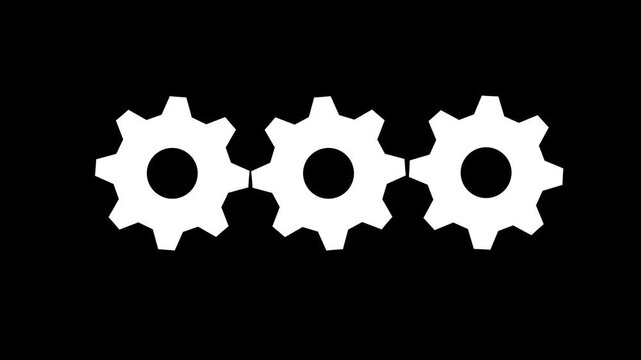 Three White Gears Pop-Up Animation Loop on Black Background | Sequential Cogs Motion Graphics | 4K Mechanical Process and Teamwork Stock Video Footage for Video Editors.