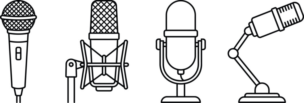 microphone outline icon set podcast broadcast audio studio equipment vector illustration isolated on white background