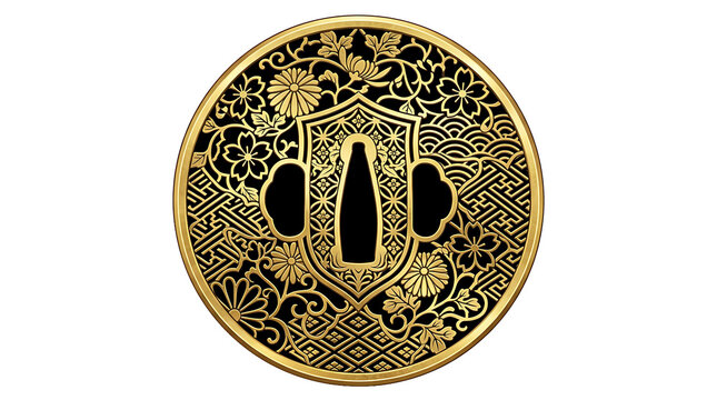 Japanese tsuba sword guard PNG with intricate golden floral patterns, transparent background, isolated for traditional craft design . Ai Generated